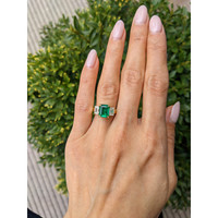 2.47 Ct. Emerald and Natural Diamond Three Stone Ring, 18K Yellow Gold Life Style