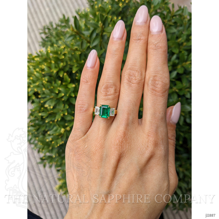 2.47 Ct. Emerald and Natural Diamond Three Stone Ring, 18K Yellow Gold