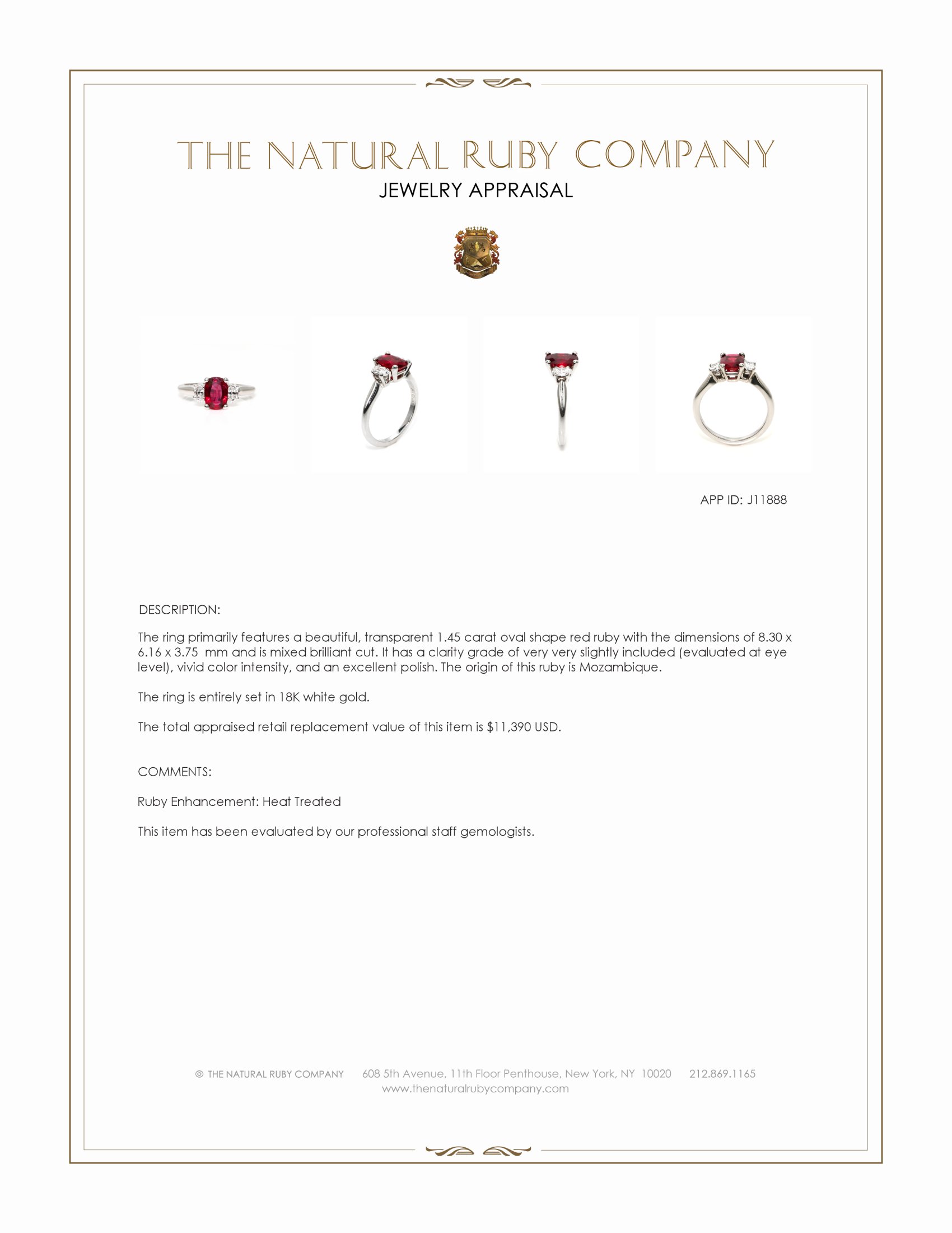 1.45 Ct. Ruby Three Stone Ring, 18K White Gold