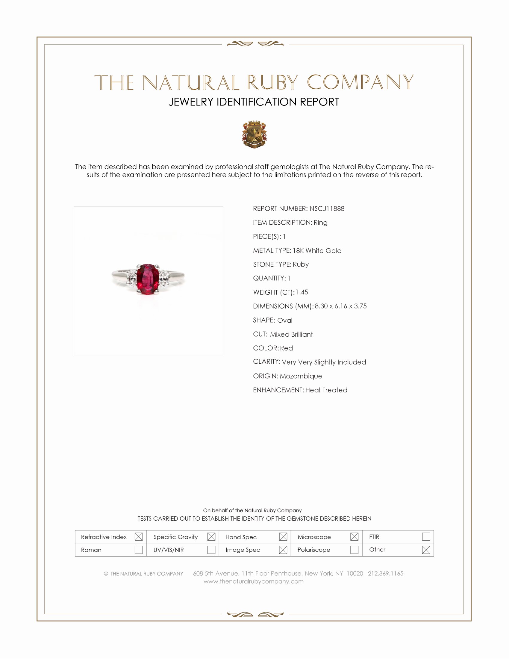1.45 Ct. Ruby Three Stone Ring, 18K White Gold