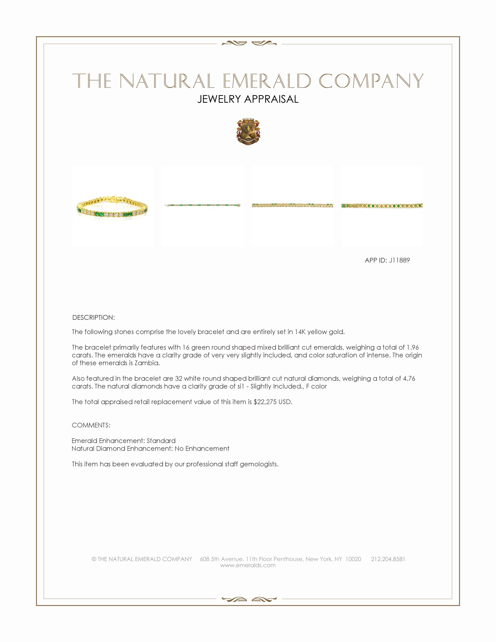 1.96 Ct.Tw. Emerald and Natural Diamond Tennis/Line Bracelet, 14K Yellow Gold