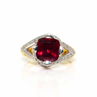 2.98 Ct. Red Rubellite Tourmaline and Natural Diamond Antique Style Ring, 18K Yellow & White Video