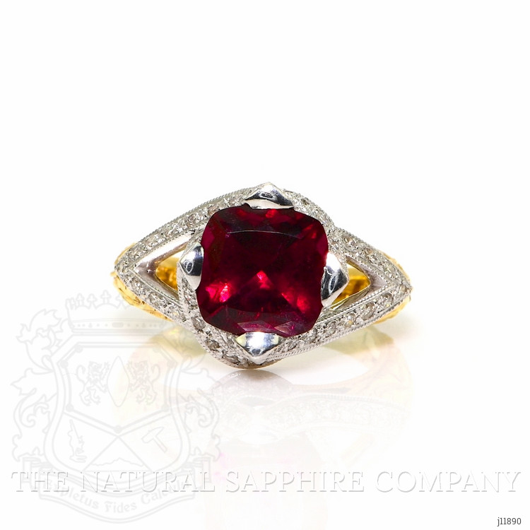 2.98 Ct. Red Rubellite Tourmaline and Natural Diamond Antique Style Ring, 18K Yellow & White