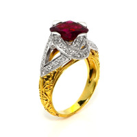 2.98 Ct. Red Rubellite Tourmaline and Natural Diamond Antique Style Ring, 18K Yellow & White Image