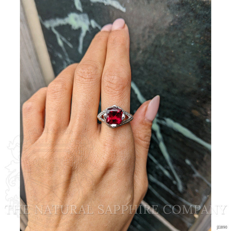 2.98 Ct. Red Rubellite Tourmaline and Natural Diamond Antique Style Ring, 18K Yellow & White
