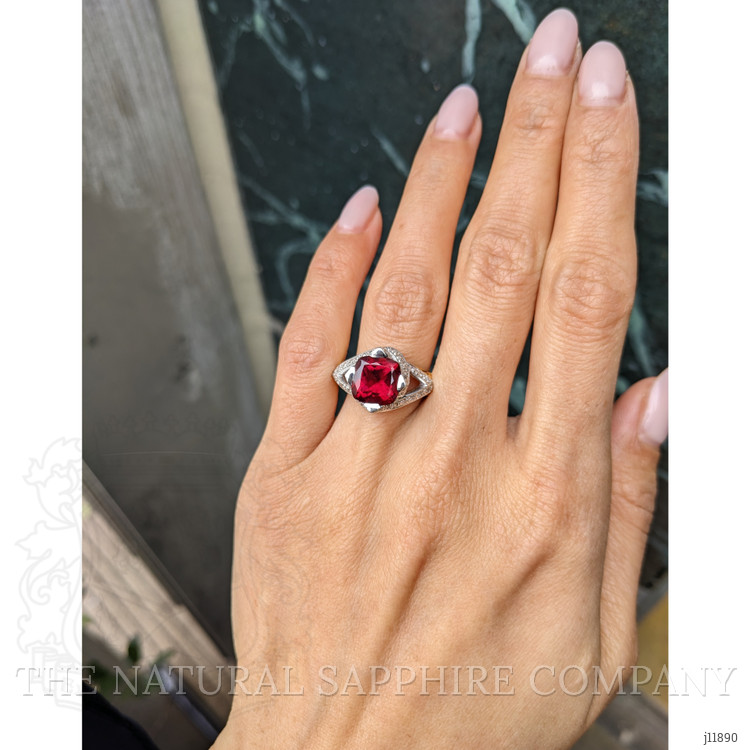 2.98 Ct. Red Rubellite Tourmaline and Natural Diamond Antique Style Ring, 18K Yellow & White