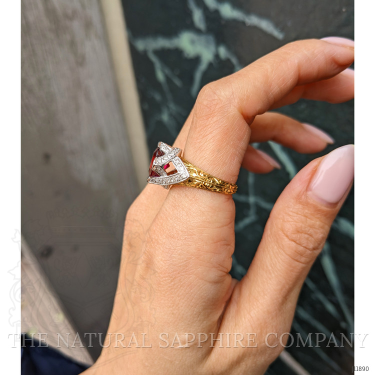 2.98 Ct. Red Rubellite Tourmaline and Natural Diamond Antique Style Ring, 18K Yellow & White