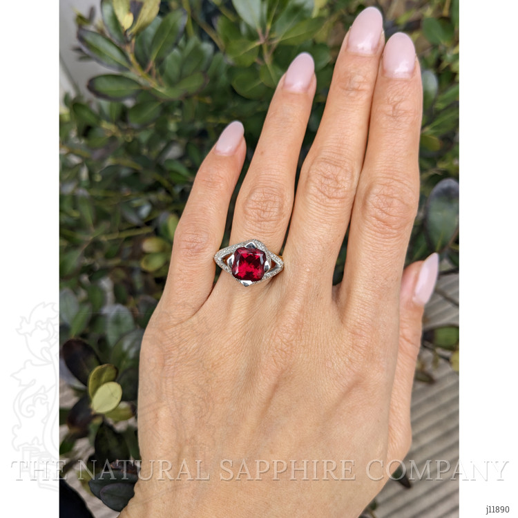 2.98 Ct. Red Rubellite Tourmaline and Natural Diamond Antique Style Ring, 18K Yellow & White