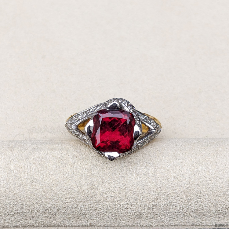 2.98 Ct. Red Rubellite Tourmaline and Natural Diamond Antique Style Ring, 18K Yellow & White