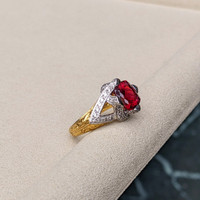 2.98 Ct. Red Rubellite Tourmaline and Natural Diamond Antique Style Ring, 18K Yellow & White Life Style