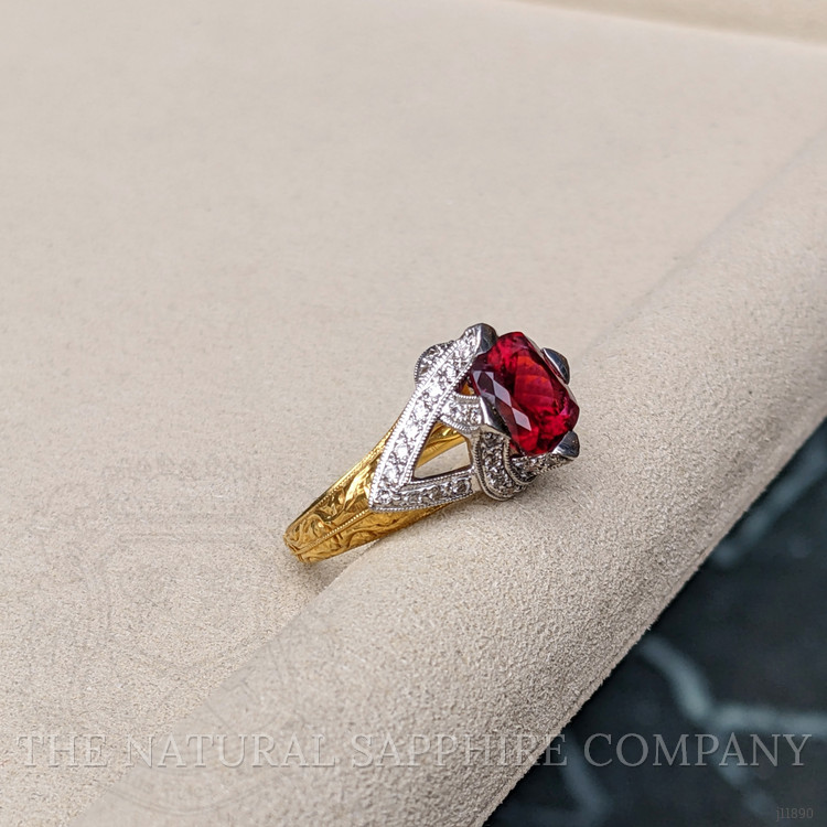 2.98 Ct. Red Rubellite Tourmaline and Natural Diamond Antique Style Ring, 18K Yellow & White