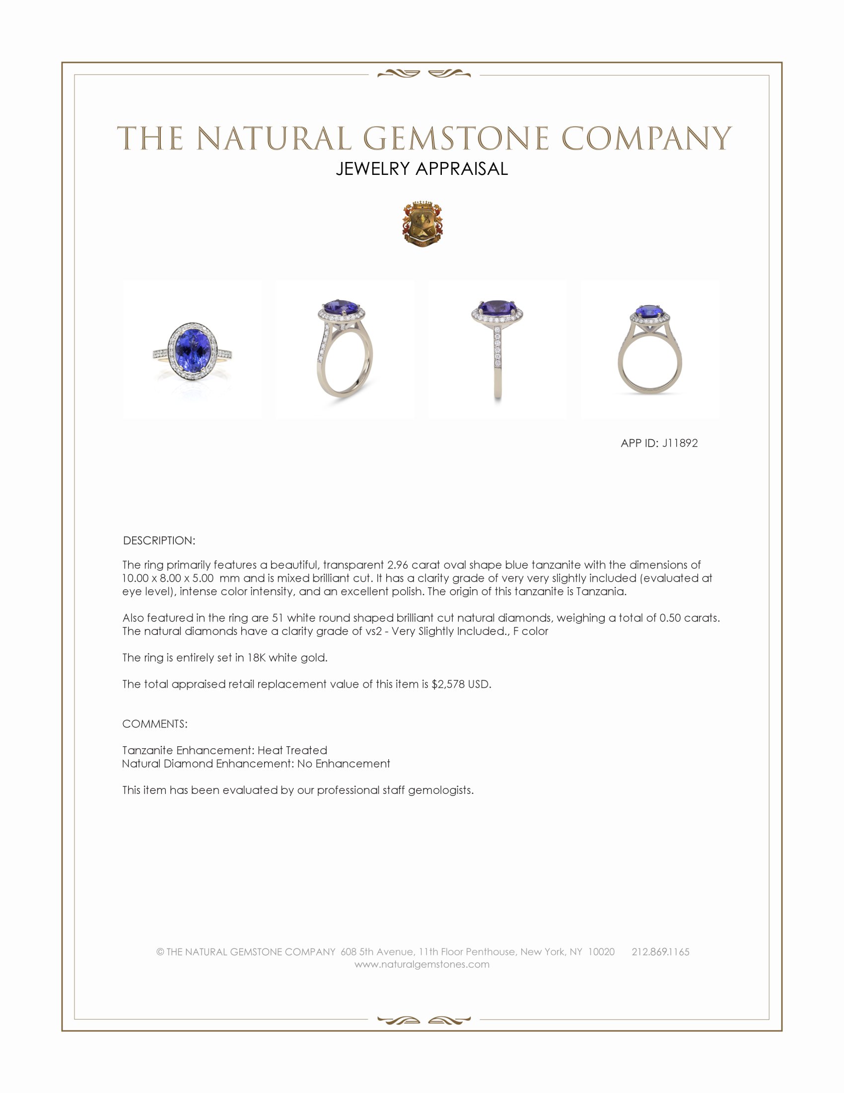 2.96 Ct. Blue Tanzanite and Natural Diamond Pave Ring, 18K White Gold