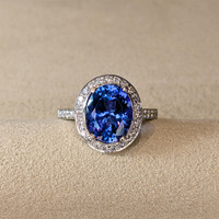 2.96 Ct. Blue Tanzanite and Natural Diamond Pave Ring, 18K White Gold Life Style