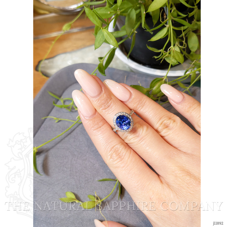 2.96 Ct. Blue Tanzanite and Natural Diamond Pave Ring, 18K White Gold