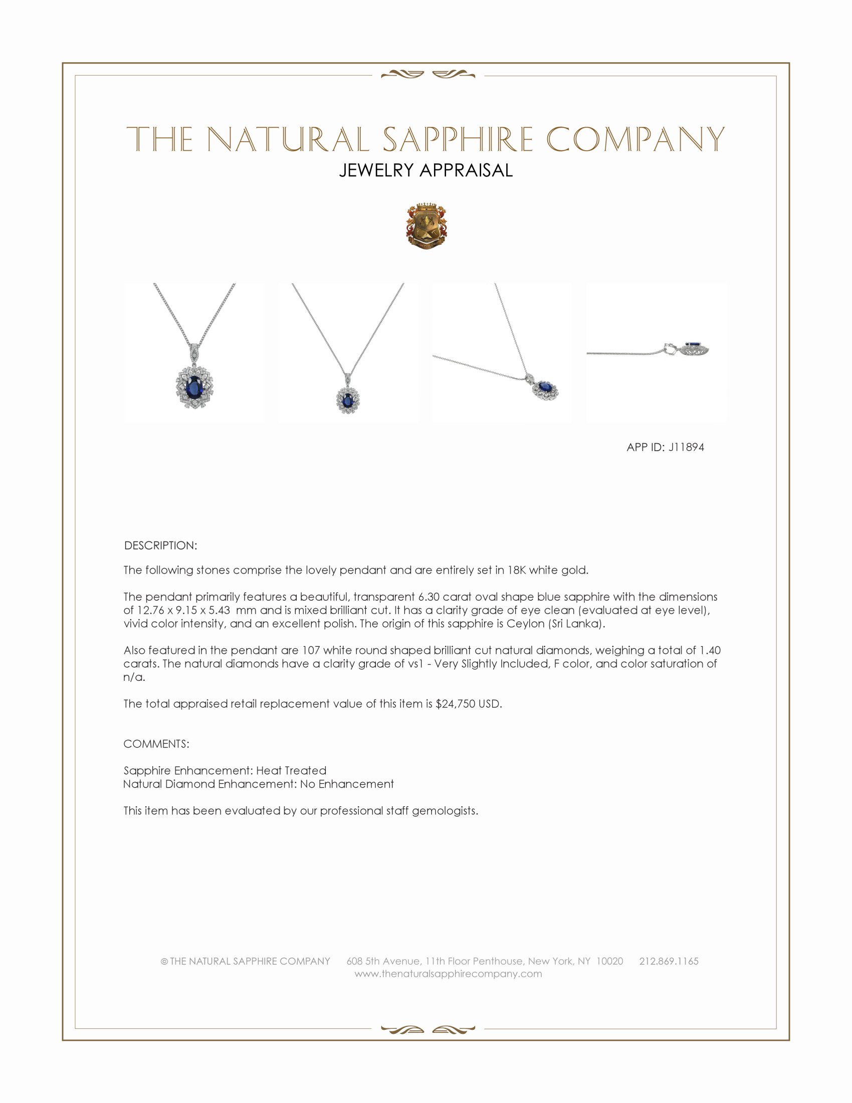 6.30 Ct. Blue Sapphire and Natural Diamond Pave Pendant, 18K White Gold