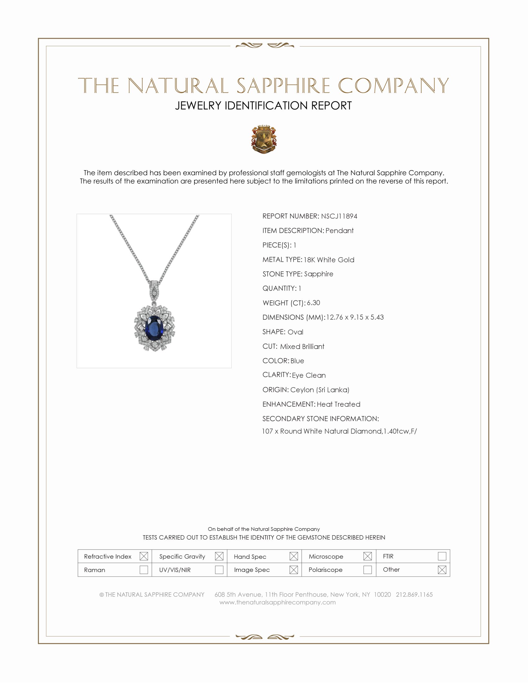 6.30 Ct. Blue Sapphire and Natural Diamond Pave Pendant, 18K White Gold