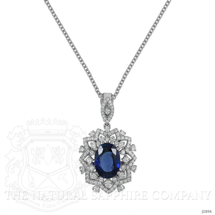 6.30 Ct. Blue Sapphire and Natural Diamond Pave Pendant, 18K White Gold