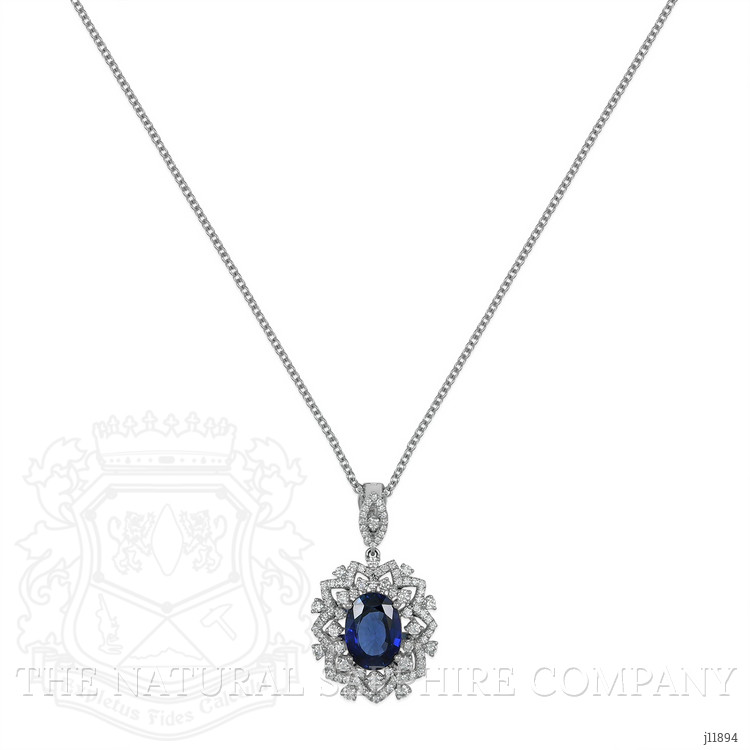 6.30 Ct. Blue Sapphire and Natural Diamond Pave Pendant, 18K White Gold