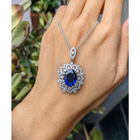 6.30 Ct. Blue Sapphire and Natural Diamond Pave Pendant, 18K White Gold Life Style