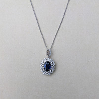 6.30 Ct. Blue Sapphire and Natural Diamond Pave Pendant, 18K White Gold Life Style