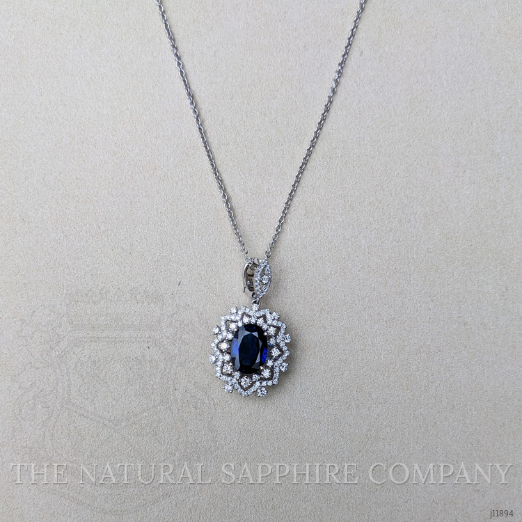 6.30 Ct. Blue Sapphire and Natural Diamond Pave Pendant, 18K White Gold
