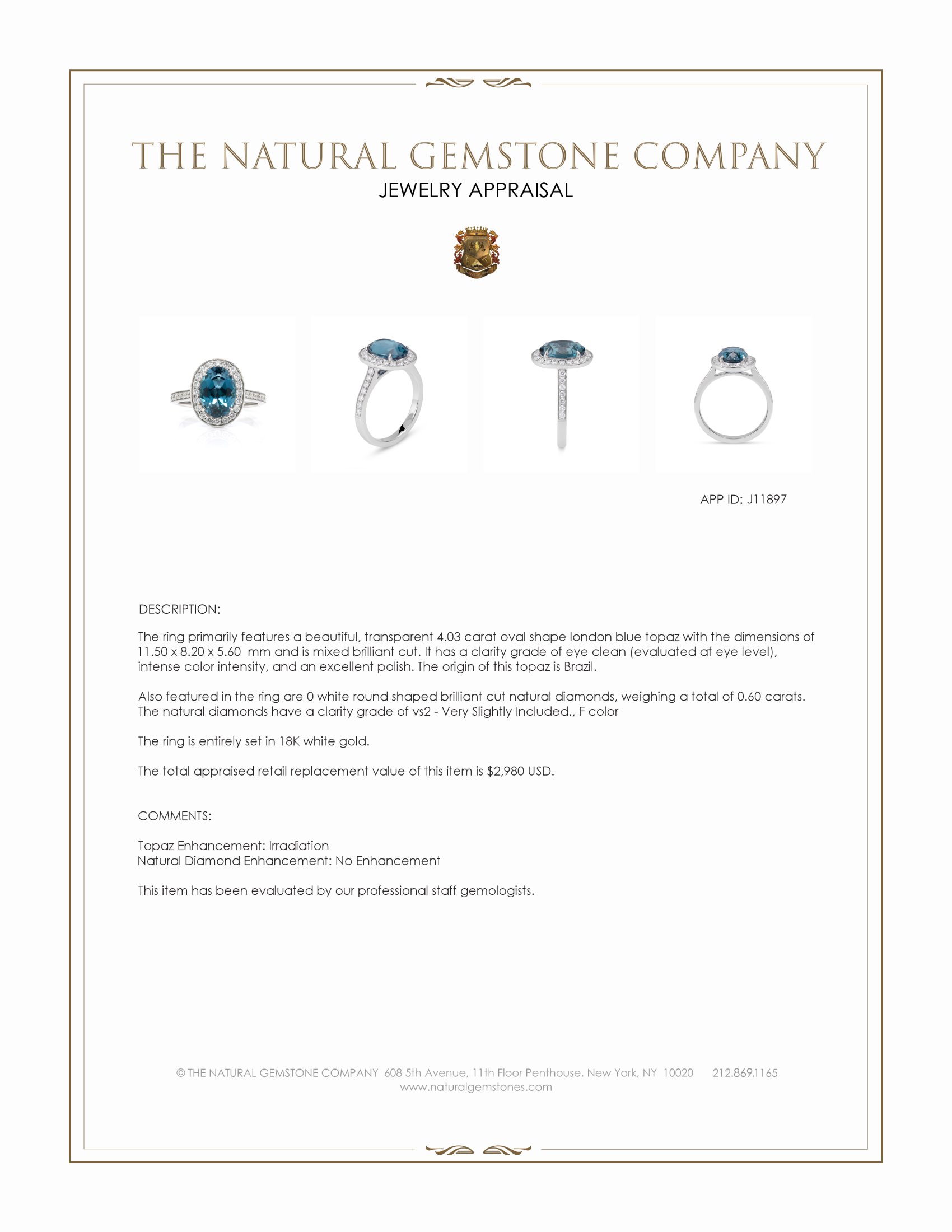 4.03 Ct. London Blue Topaz and Natural Diamond Pave Ring, 18K White Gold