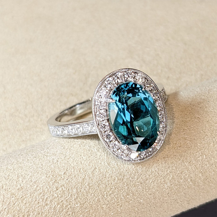 4.03 Ct. London Blue Topaz and Natural Diamond Pave Ring, 18K White Gold
