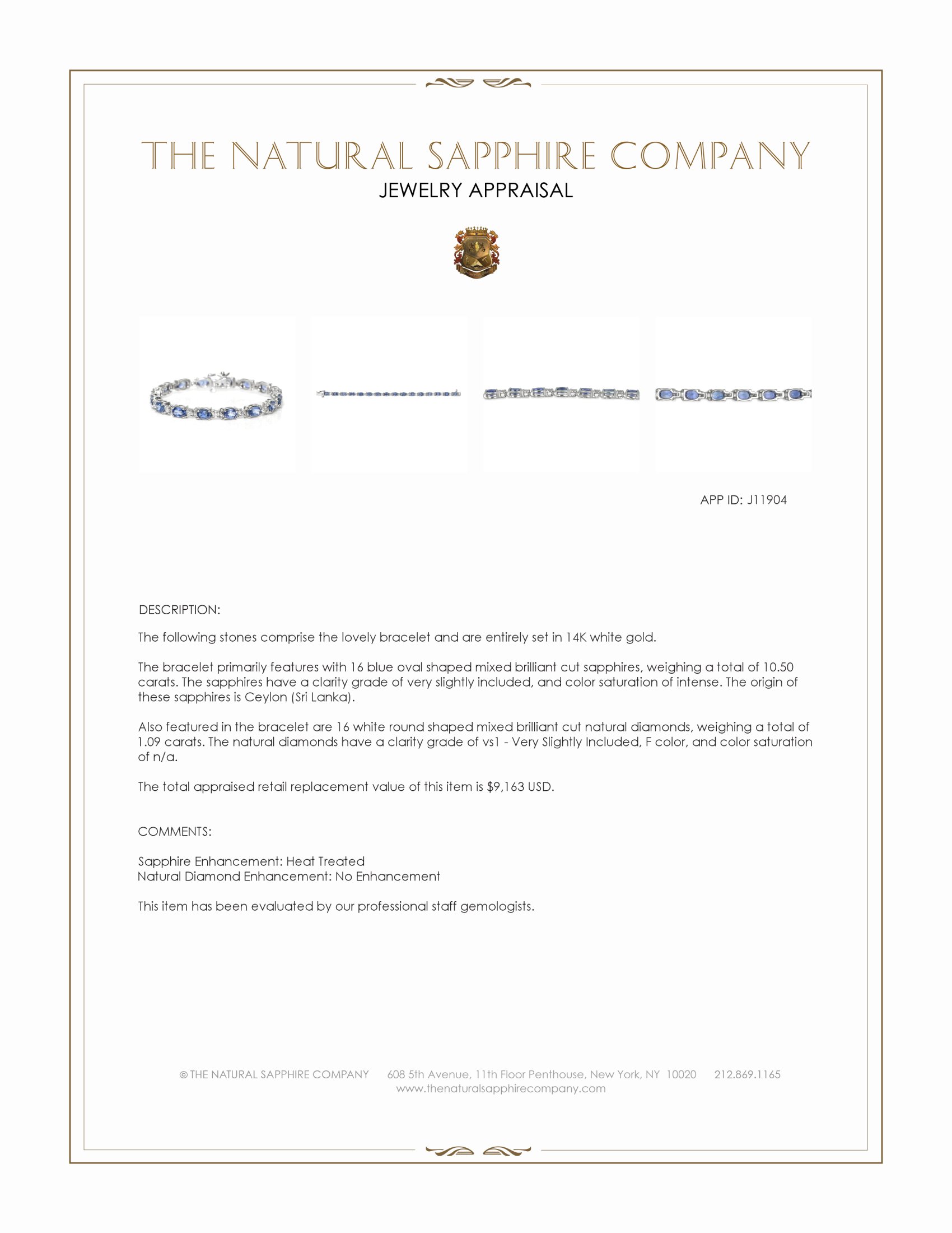 10.50 Ct.Tw. Blue Sapphire and Natural Diamond Tennis/Line Bracelet, 14K White Gold