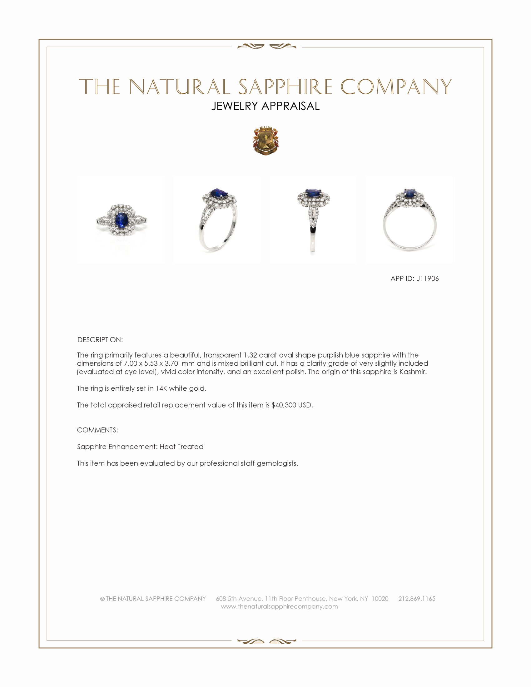1.32 Ct. Purplish Blue Sapphire and Natural Diamond Pave Ring, 14K White Gold