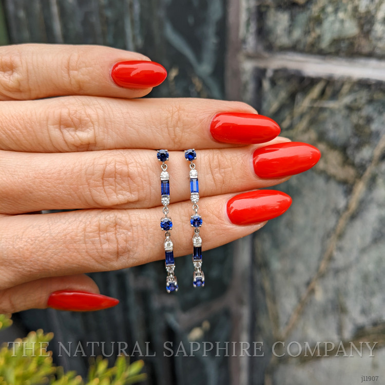 0.80 Ct.Tw. Blue Sapphire and Natural Diamond Drops Earrings, 18K White Gold