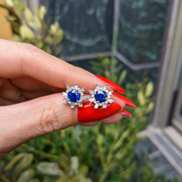 1.66&nbsp;Ct.Tw.Total Carat Weight Blue Sapphire and Natural Diamond Halo Earrings, 18K White Gold Life Style