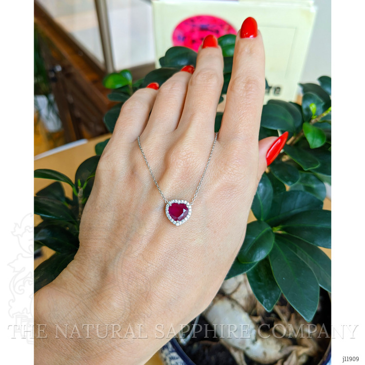 1.62 Ct. Ruby and Natural Diamond Halo Necklace, 18K White Gold