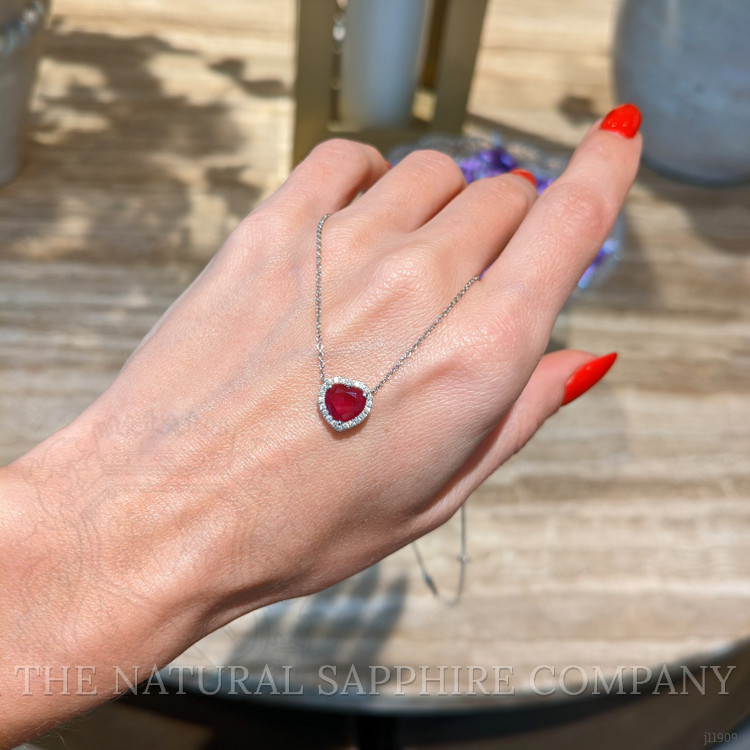 1.62 Ct. Ruby and Natural Diamond Halo Necklace, 18K White Gold