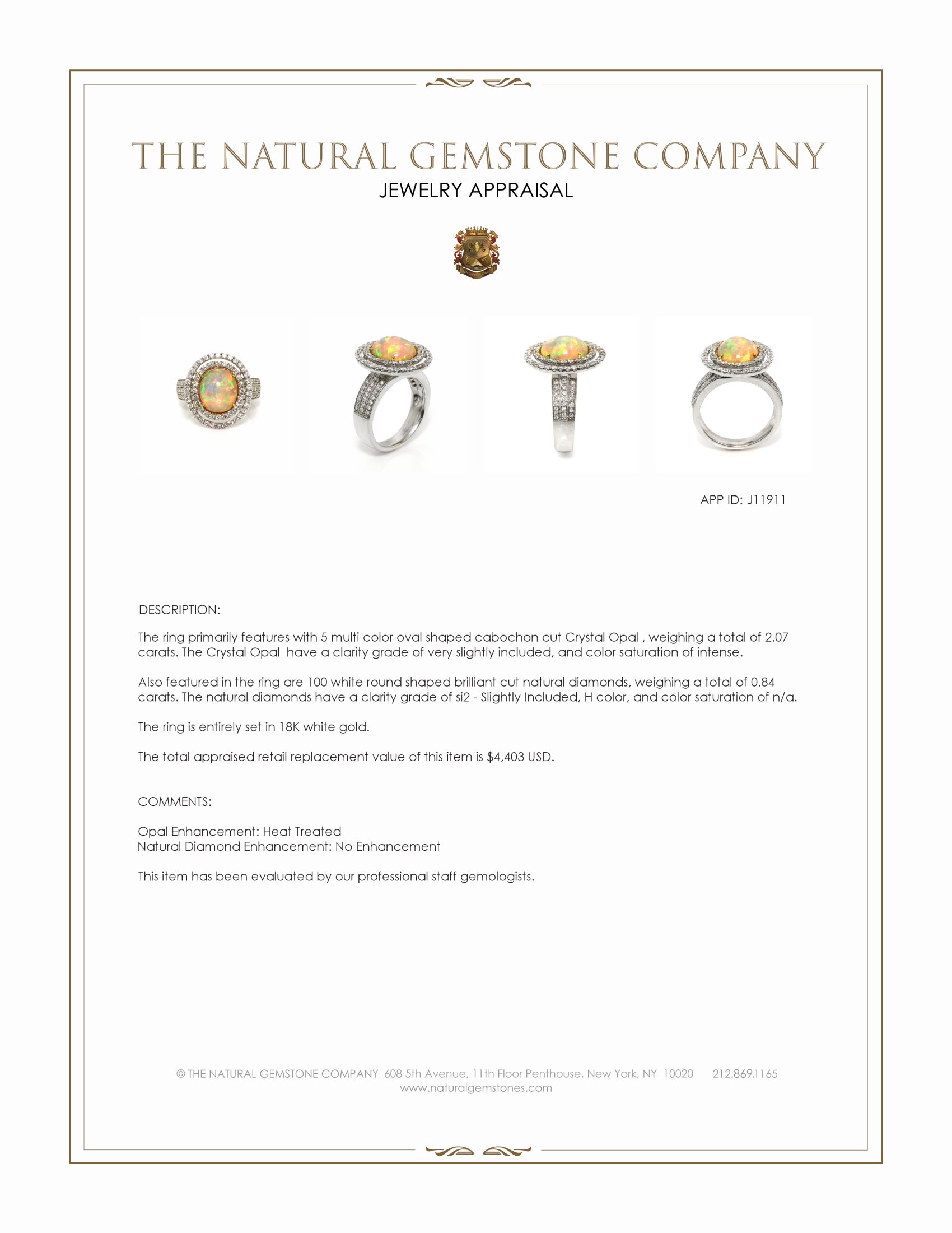 2.07 Ct. Multi Color Opal and Natural Diamond Pave Ring, 18K White Gold
