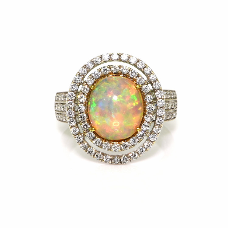 2.07 Ct. Multi Color Opal and Natural Diamond Pave Ring, 18K White Gold