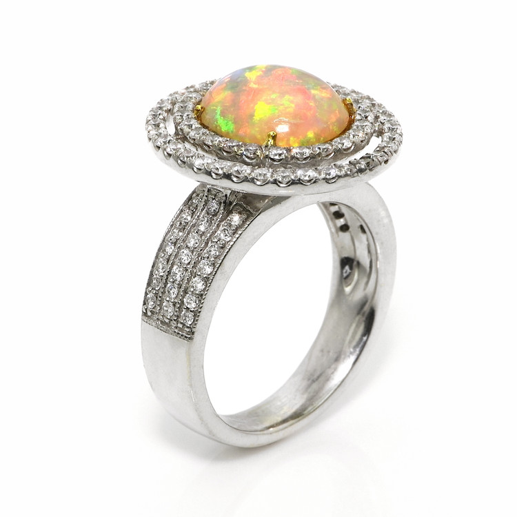 2.07 Ct. Multi Color Opal and Natural Diamond Pave Ring, 18K White Gold