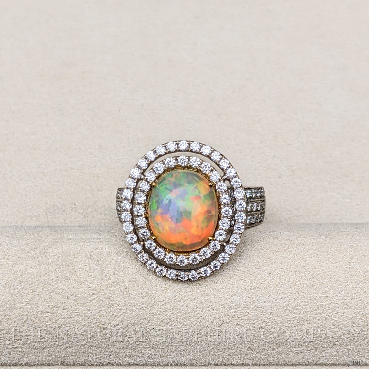 2.07 Ct. Multi Color Opal and Natural Diamond Pave Ring, 18K White Gold