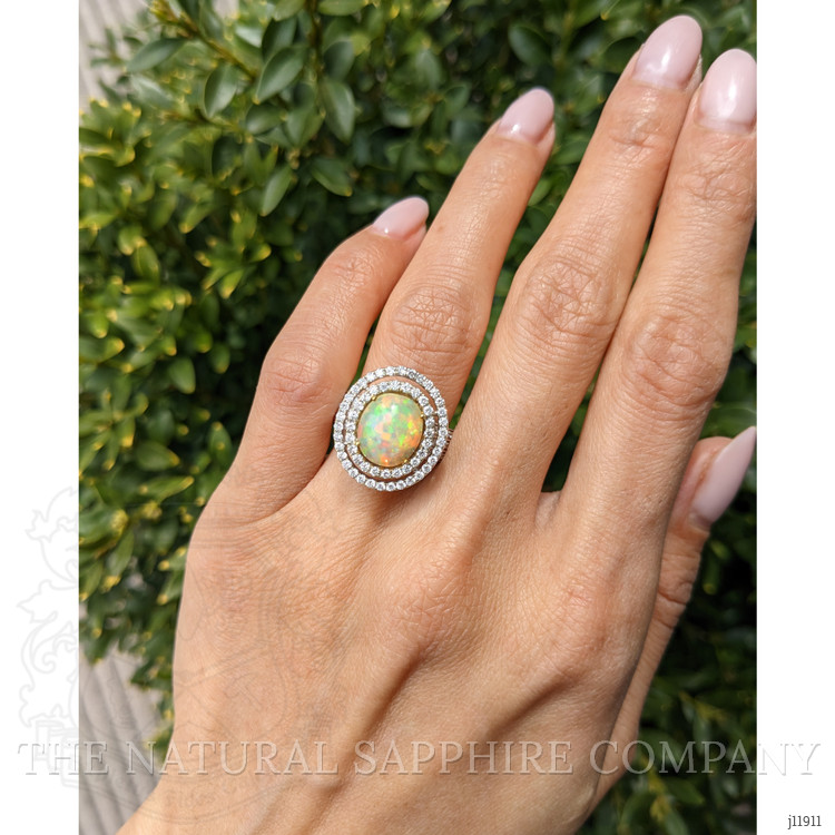 2.07 Ct. Multi Color Opal and Natural Diamond Pave Ring, 18K White Gold
