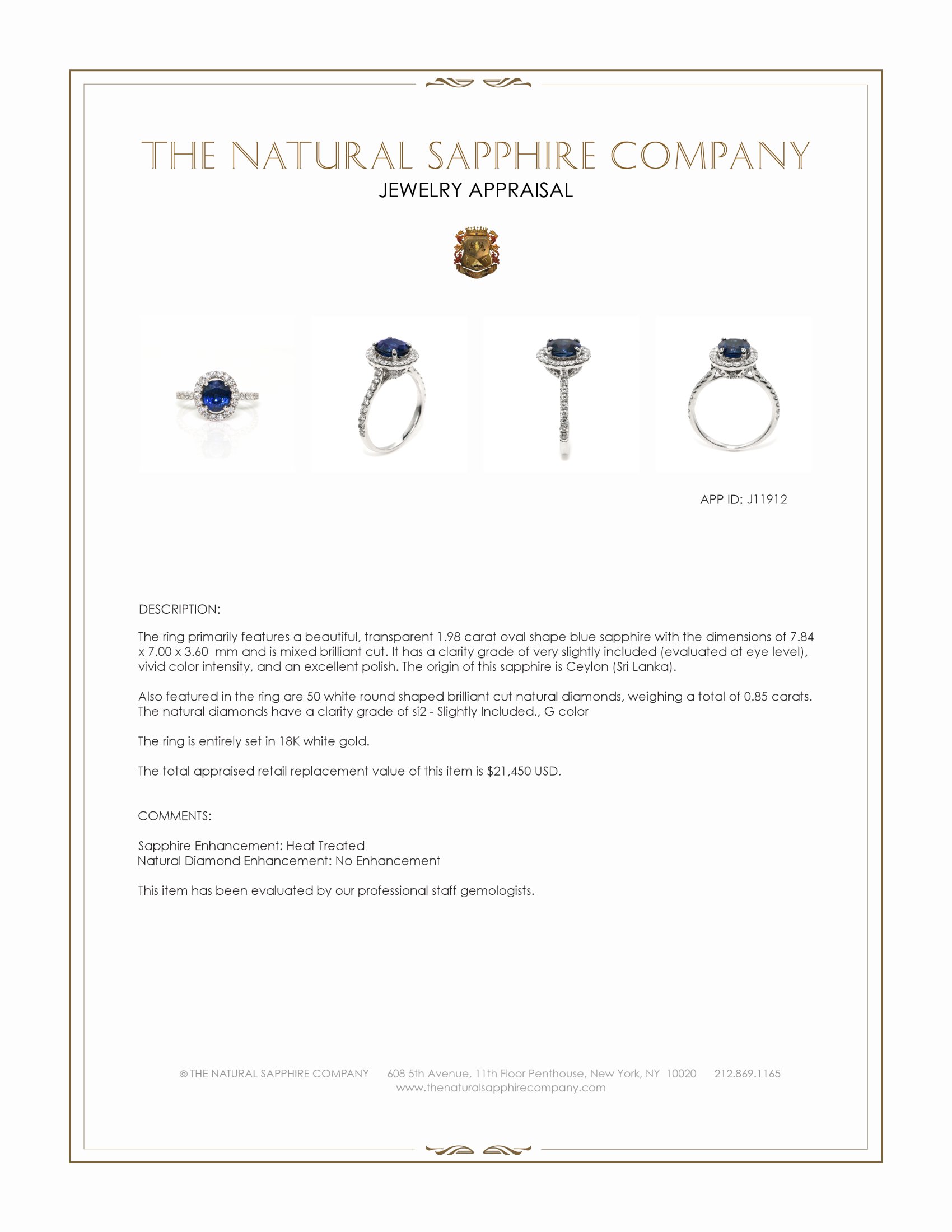 1.98 Ct. Blue Sapphire and Natural Diamond Pave Ring, 18K White Gold