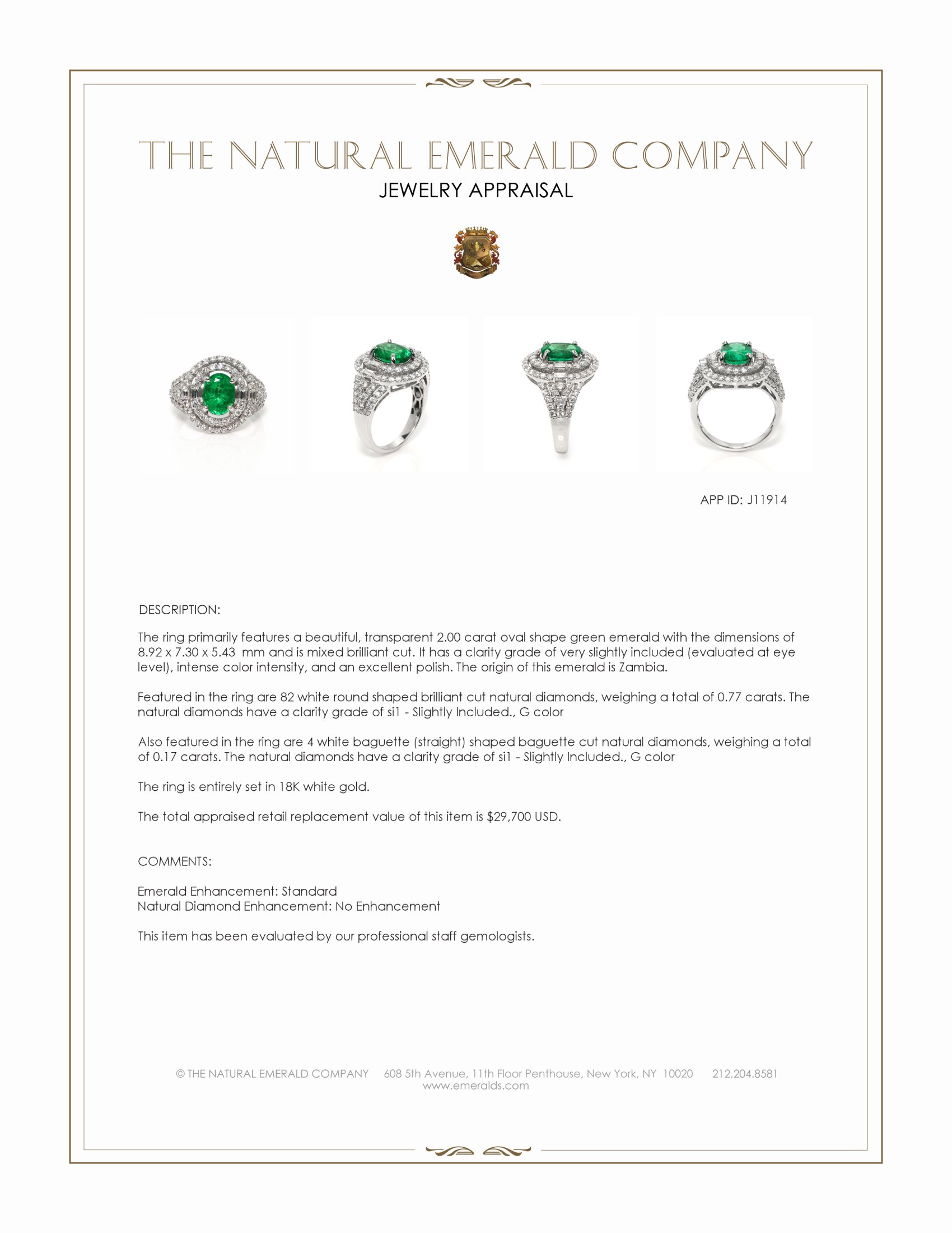 2.00 Ct. Emerald and Natural Diamond Pave Ring, 18K White Gold