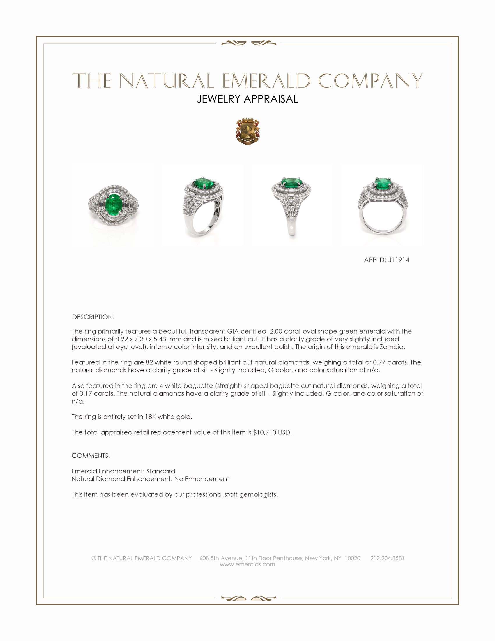 2.00 Ct. Emerald and Natural Diamond Pave Ring, 18K White Gold