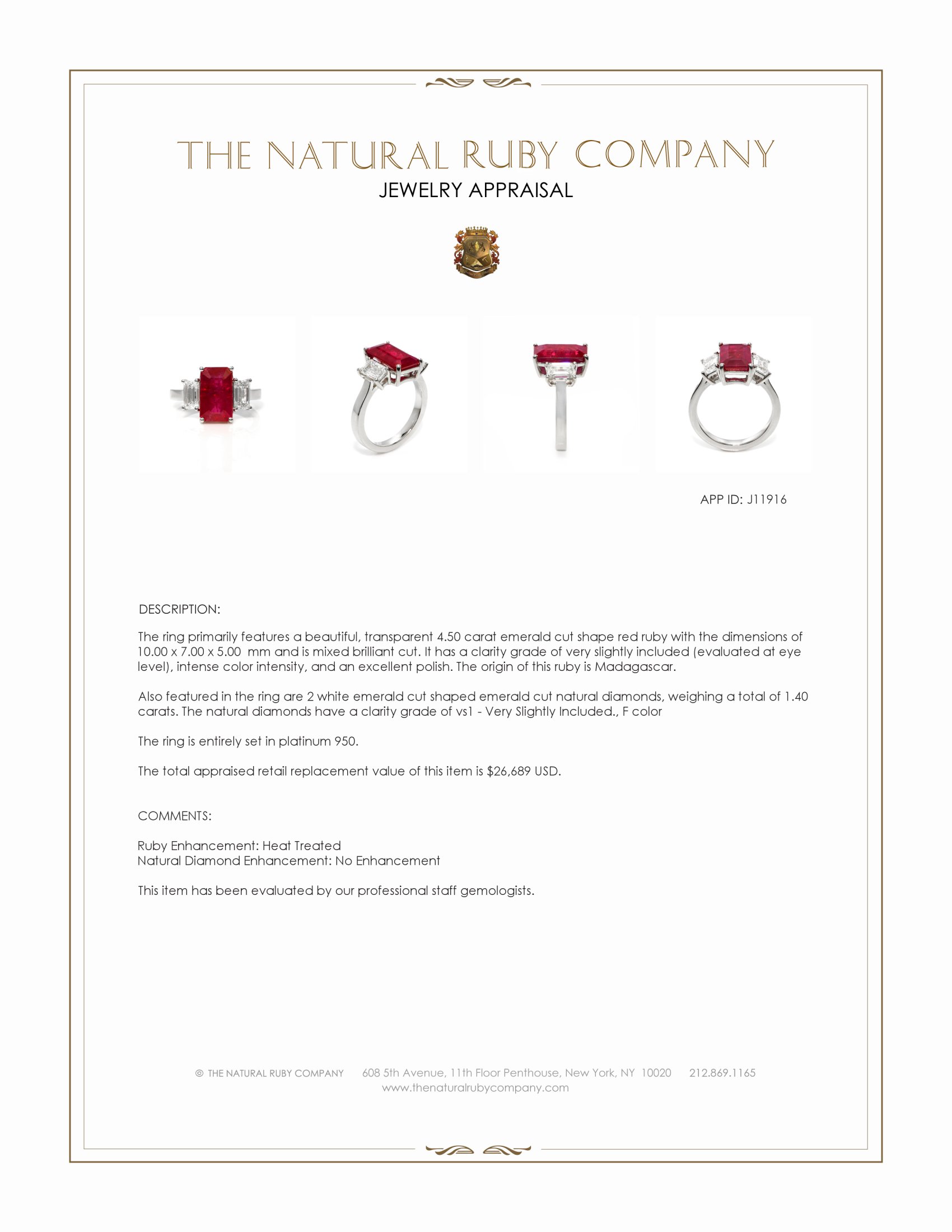 4.50 Ct. Ruby and Natural Diamond Three Stone Ring, Platinum 950