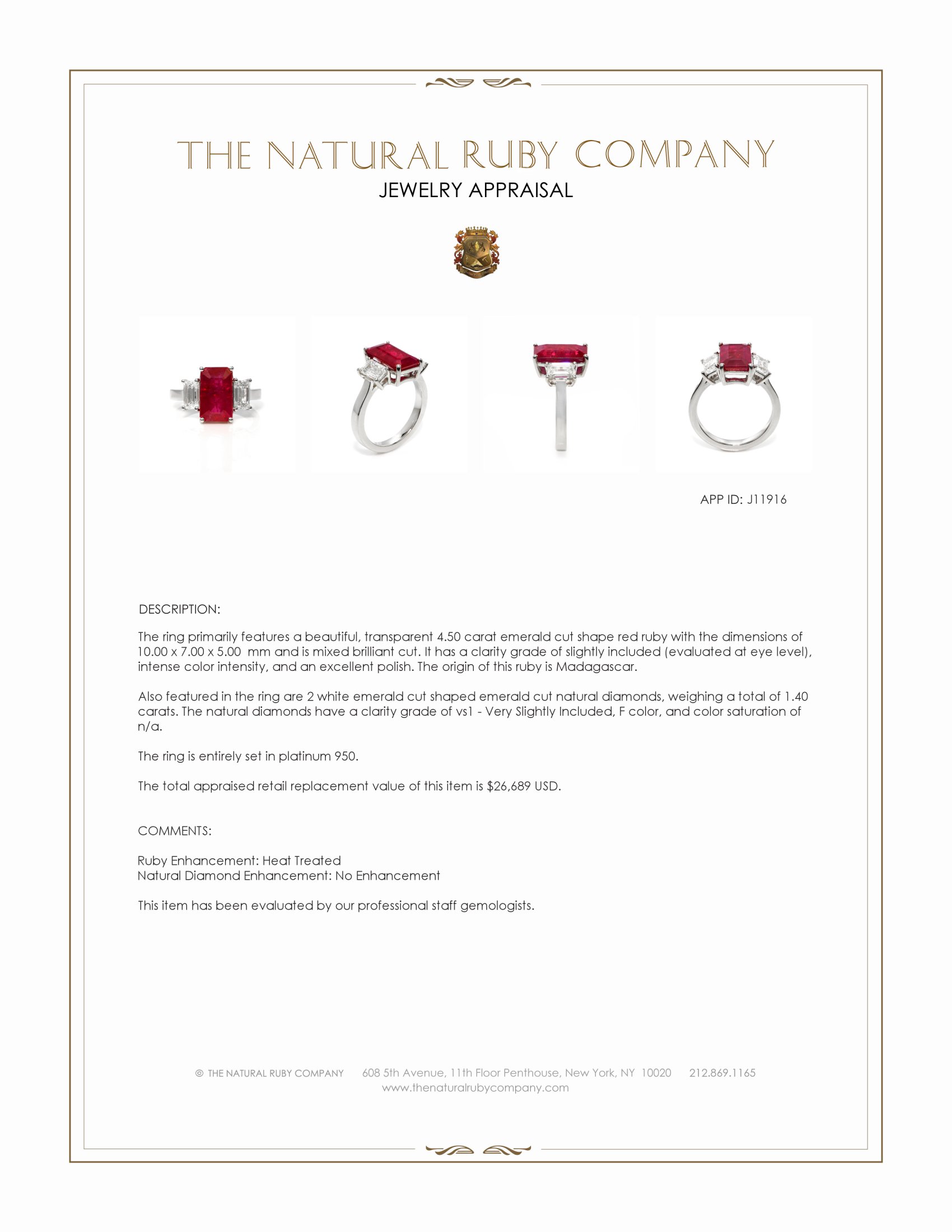 4.50 Ct. Ruby and Natural Diamond Three Stone Ring, Platinum 950