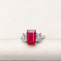 4.50 Ct. Ruby and Natural Diamond Three Stone Ring, Platinum 950 Life Style