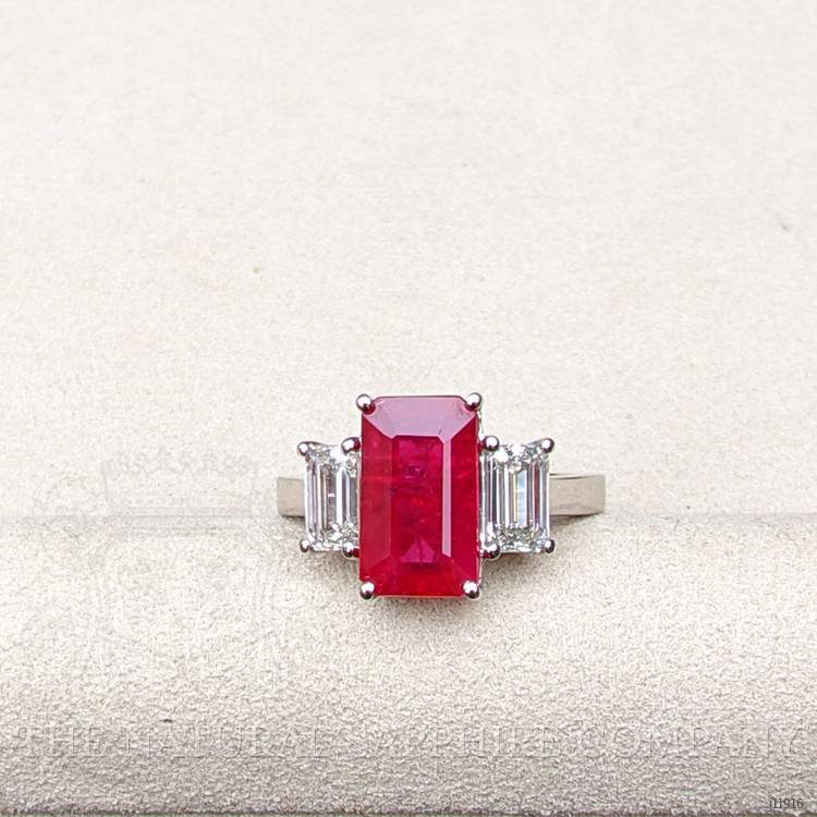 4.50 Ct. Ruby and Natural Diamond Three Stone Ring, Platinum 950