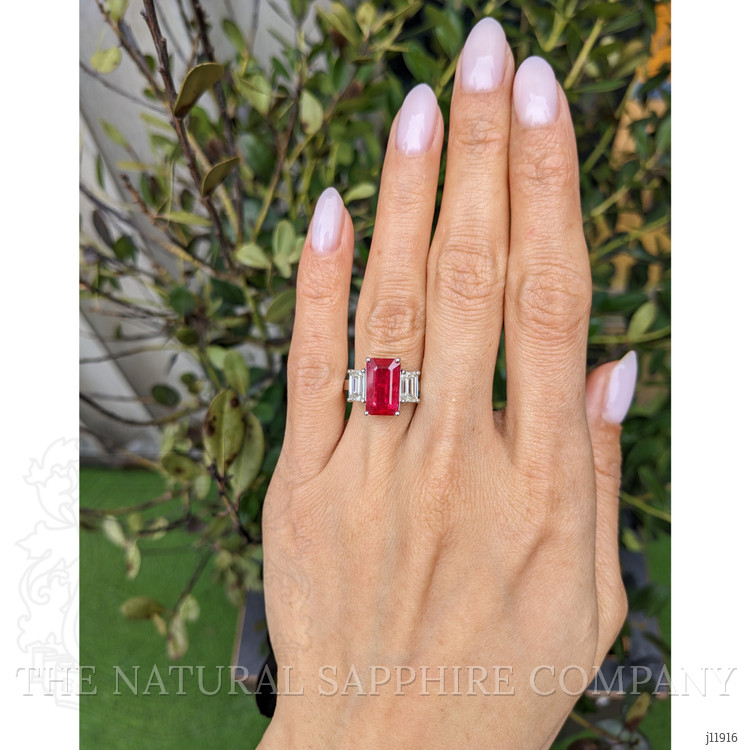 4.50 Ct. Ruby and Natural Diamond Three Stone Ring, Platinum 950