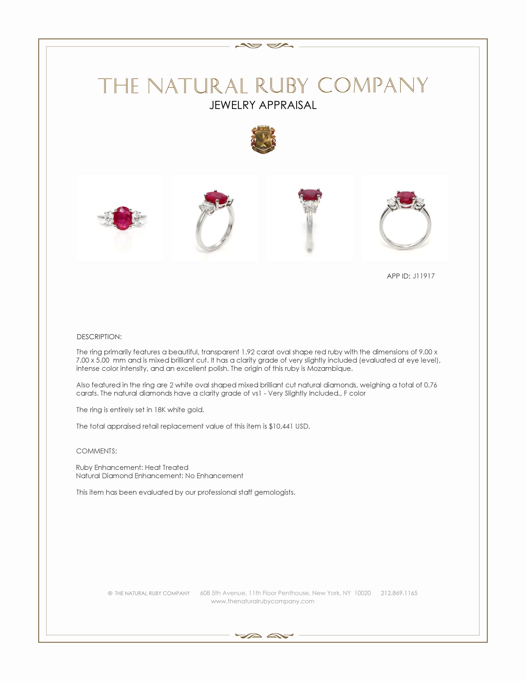 1.92 Ct. Ruby and Natural Diamond Three Stone Ring, 18K White Gold