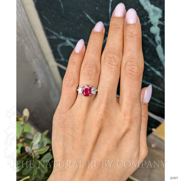 1.92 Ct. Ruby and Natural Diamond Three Stone Ring, 18K White Gold