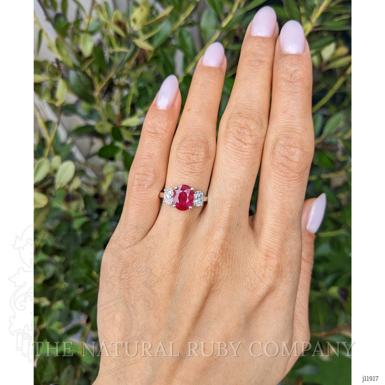 1.92 Ct. Ruby and Natural Diamond Three Stone Ring, 18K White Gold