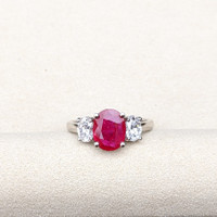 1.92 Ct. Ruby and Natural Diamond Three Stone Ring, 18K White Gold Life Style